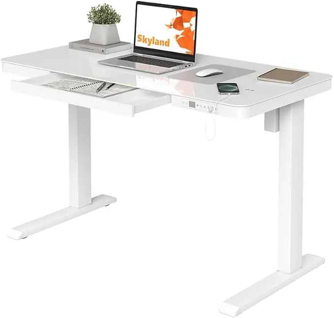 SkyLand Electric Height Adjustable Desk - Sit-Stand Workstation with Drawer, Wireless Charging, Tempered Glass, Memory Control, Child Lock, Dual USB and Type-C Ports - White Home Office Desk