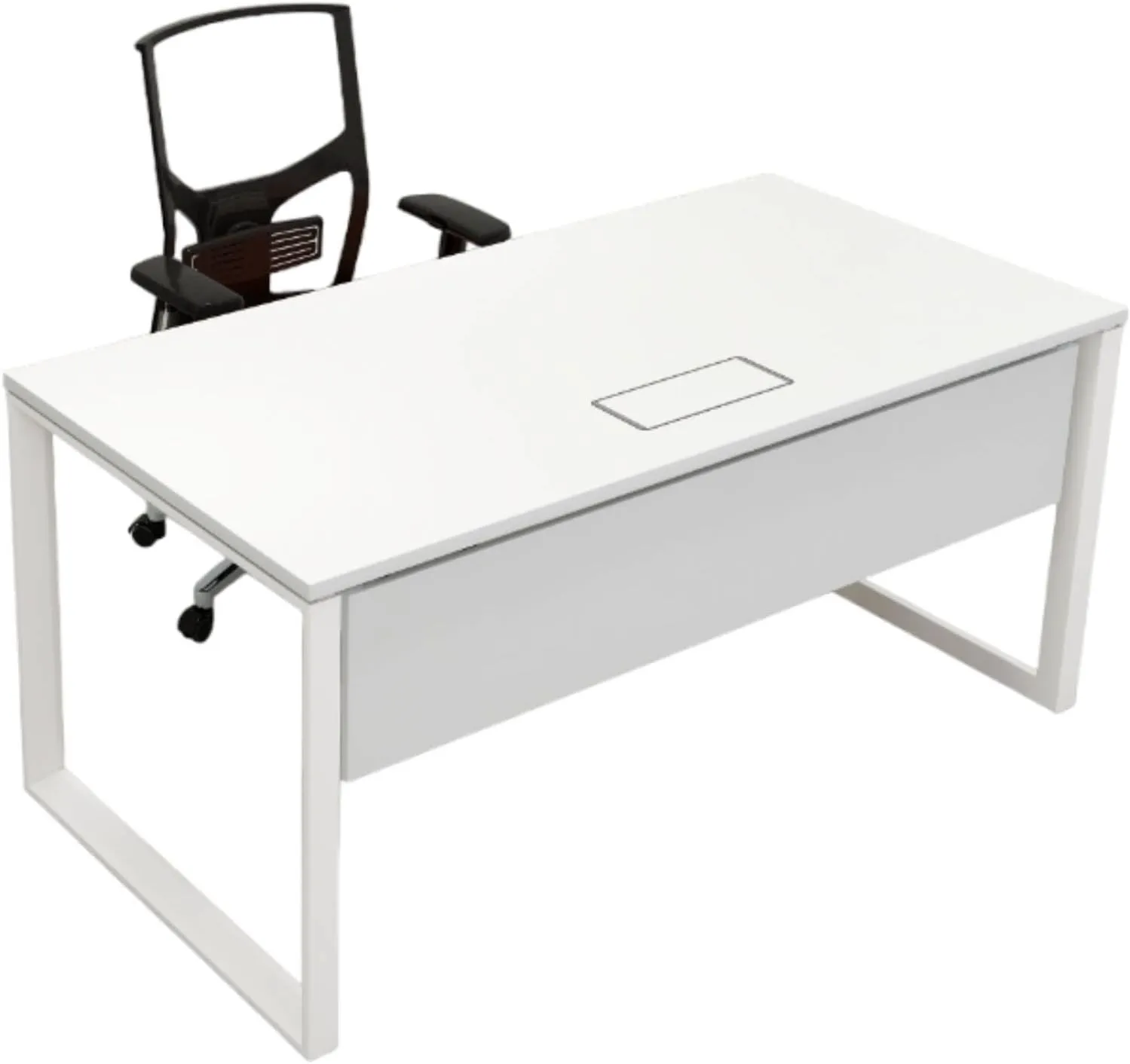 Kaliber Opera Straight Desk with 25mm Melamine Worktop, White Powder Coated Metal O-Type Sharing Legs, Modesty Panel, Grommets, Wire Box, Perfect for Home Office, Dimensions L1600xW700xH750mm