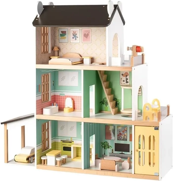 KIDSAVIA® - Big Stylish Wooden Dolls House(85 cm Tall) with Balcony & Car Garage - Dream House Cottage with Cute Pieces of Furniture Accessories 3 Storey Play Set Gift for Ages 3+ (85 * 85 * 30cm)