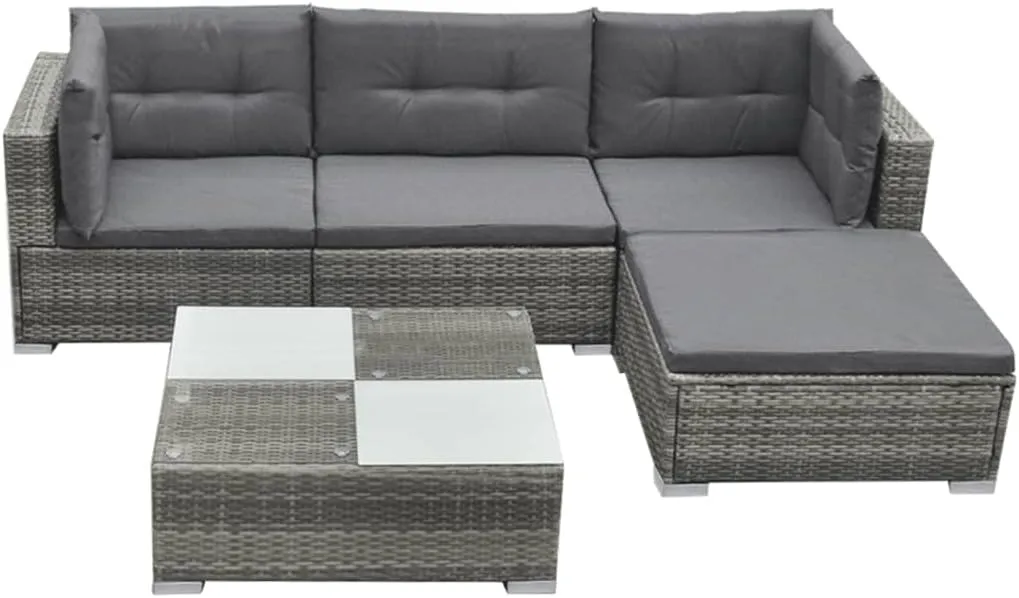 vidaXL Garden Lounge Set 5 Piece with Cushions Patio Outdoor Lawn Yard Terrace Balcony Seat Seating Sofa and Table Furniture Poly Rattan Grey