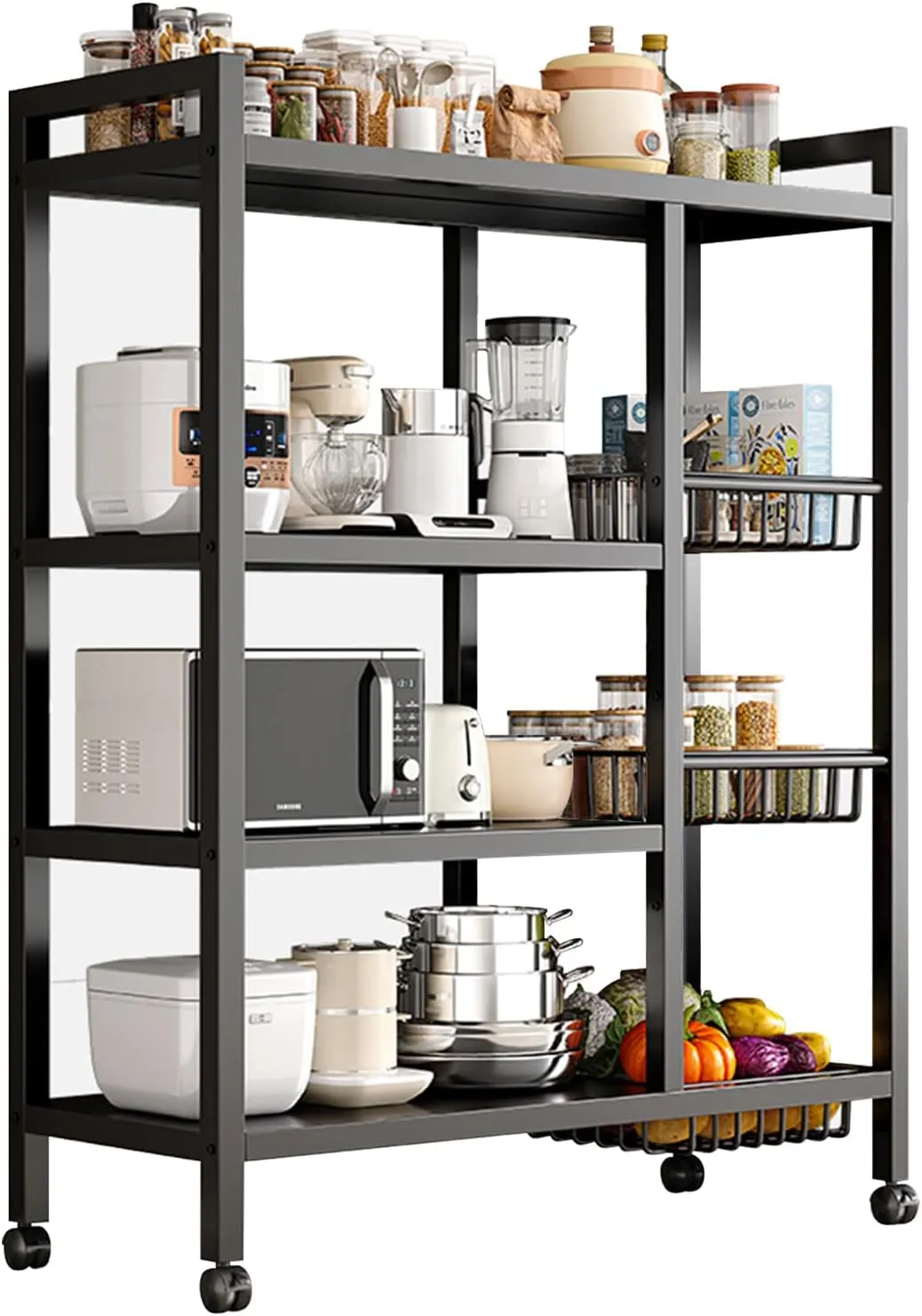 Homarket Kitchen Storage Shelf Microwave Oven Stand Rack Spice Organizer 4-Tier 4Basket(90x32x108cm) with Wheels Baker Storage Rack for Home Hotel Living Room Bathroom Office Fruit Vegetables