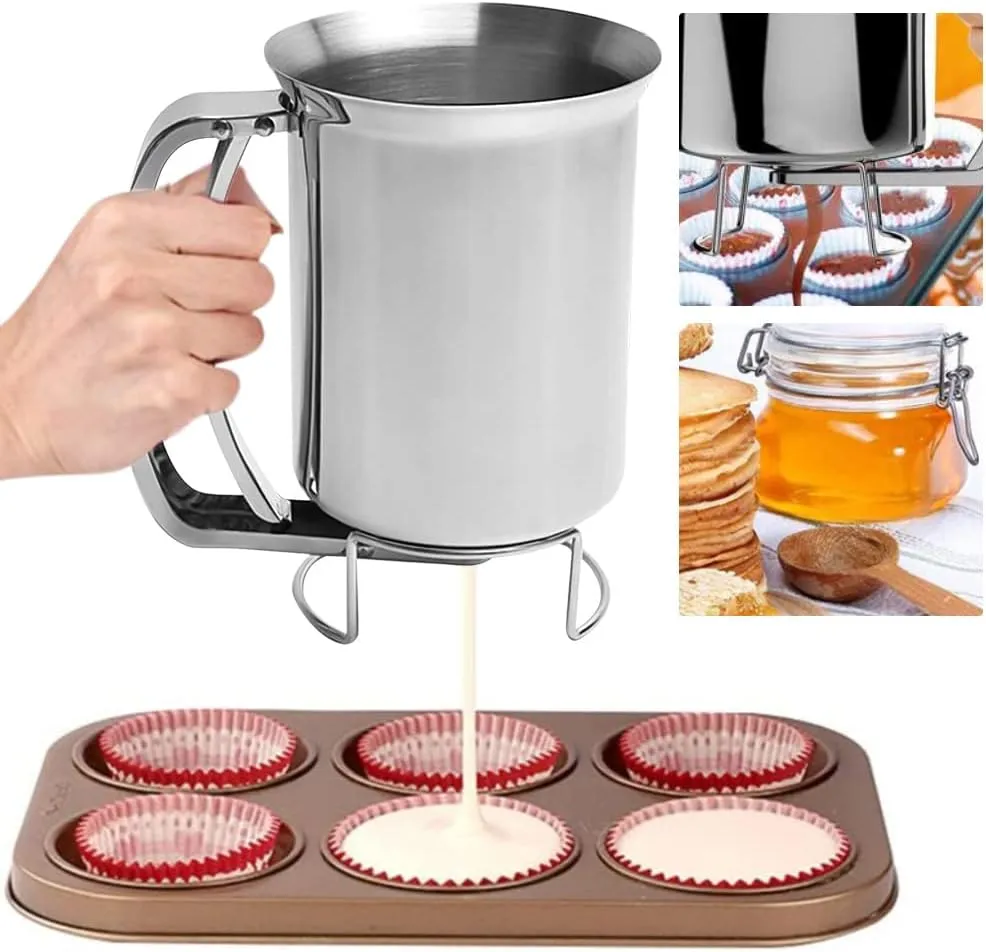 PERFETSELL Batter Separator 900ML Stainless Steel Pancake Batter Dispenser Waffles Cupcake Batter Dispenser Maker Manual Cooking Crepes Funnel Dispenser Kitchen Baking Tool for Muffin Cake (Silver)