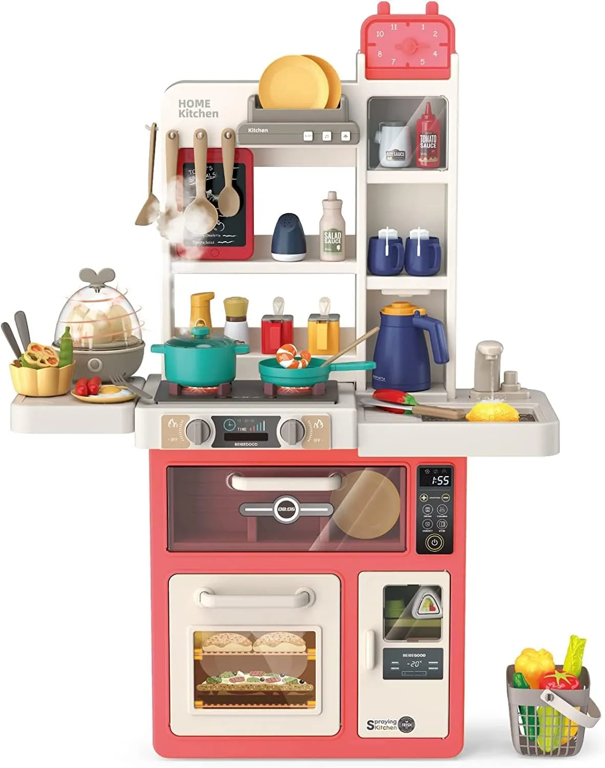 TDOO Kitchen Toy for Kids, Kitchen Playset Pretend Food -63 PCS for Toddlers Kids, Toy Accessories Sets Real Sounds & Light, Play Sink, Cooking Stove with Steam, Girls & Boys-Begonia Red