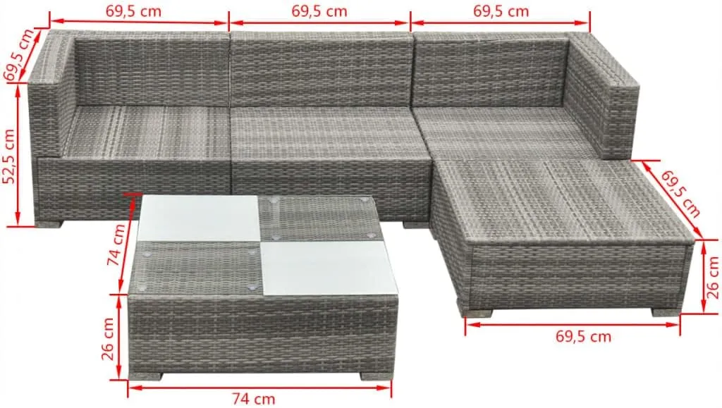vidaXL Garden Lounge Set 5 Piece with Cushions Patio Outdoor Lawn Yard Terrace Balcony Seat Seating Sofa and Table Furniture Poly Rattan Grey