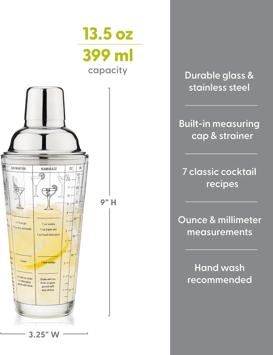 TERRIFI Glass Cocktail Shaker with Recipes, 400ml, 18/8 Stainless Steel Martini Shaker with Strainer, Leak-Proof Lid, Premium Drink Mixer for Beverage Home Bar