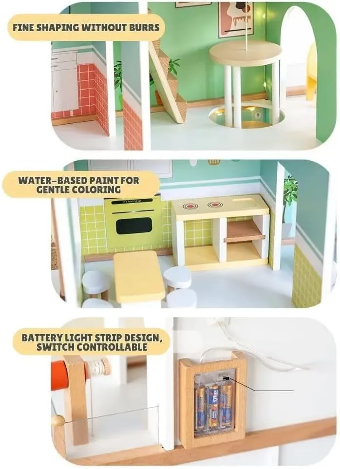 KIDSAVIA® - Big Stylish Wooden Dolls House(85 cm Tall) with Balcony & Car Garage - Dream House Cottage with Cute Pieces of Furniture Accessories 3 Storey Play Set Gift for Ages 3+ (85 * 85 * 30cm)