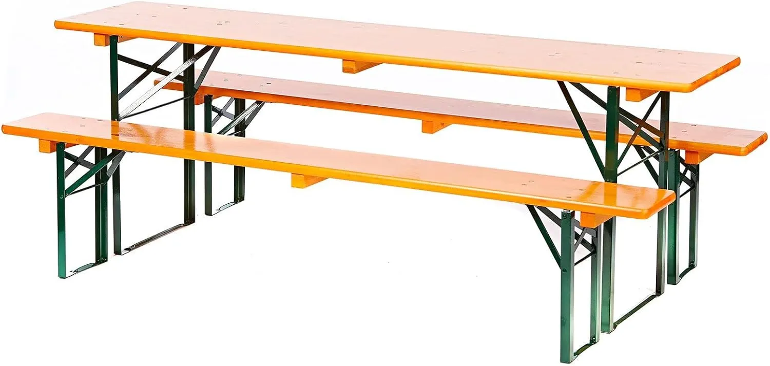 3-Piece Portable Folding Picnic Beer Table Set, 2.2m Wooden Outdoor Patio Dining Table and Bench Set w/Wooden Top & Metal Frame for Patio Outdoor Garden (orange, 220 x 50 cm)