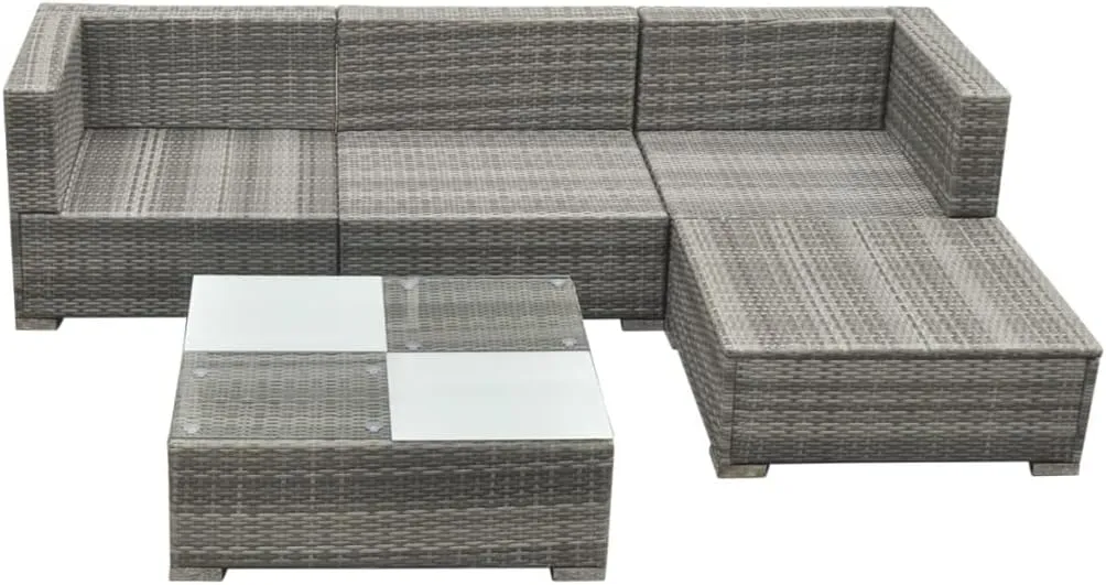 vidaXL Garden Lounge Set 5 Piece with Cushions Patio Outdoor Lawn Yard Terrace Balcony Seat Seating Sofa and Table Furniture Poly Rattan Grey