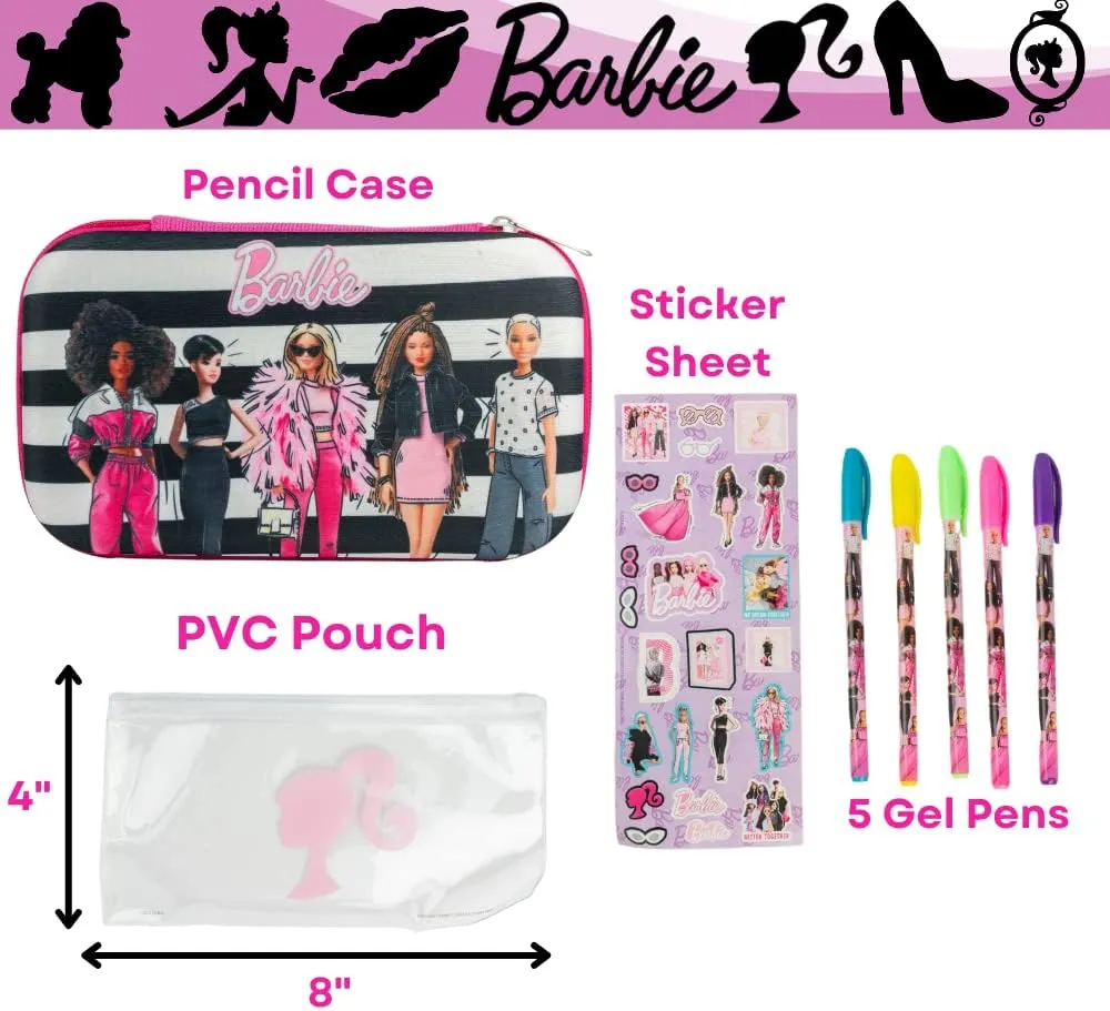 Innovative Designs Barbie Pencil Case Set with Stickers and Gel Pens for Kids, Molded with Zip Closure, Pink