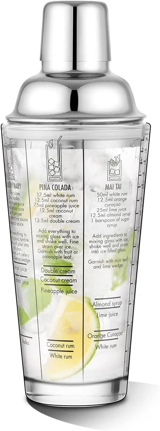 TERRIFI Glass Cocktail Shaker with Recipes, 400ml, 18/8 Stainless Steel Martini Shaker with Strainer, Leak-Proof Lid, Premium Drink Mixer for Beverage Home Bar