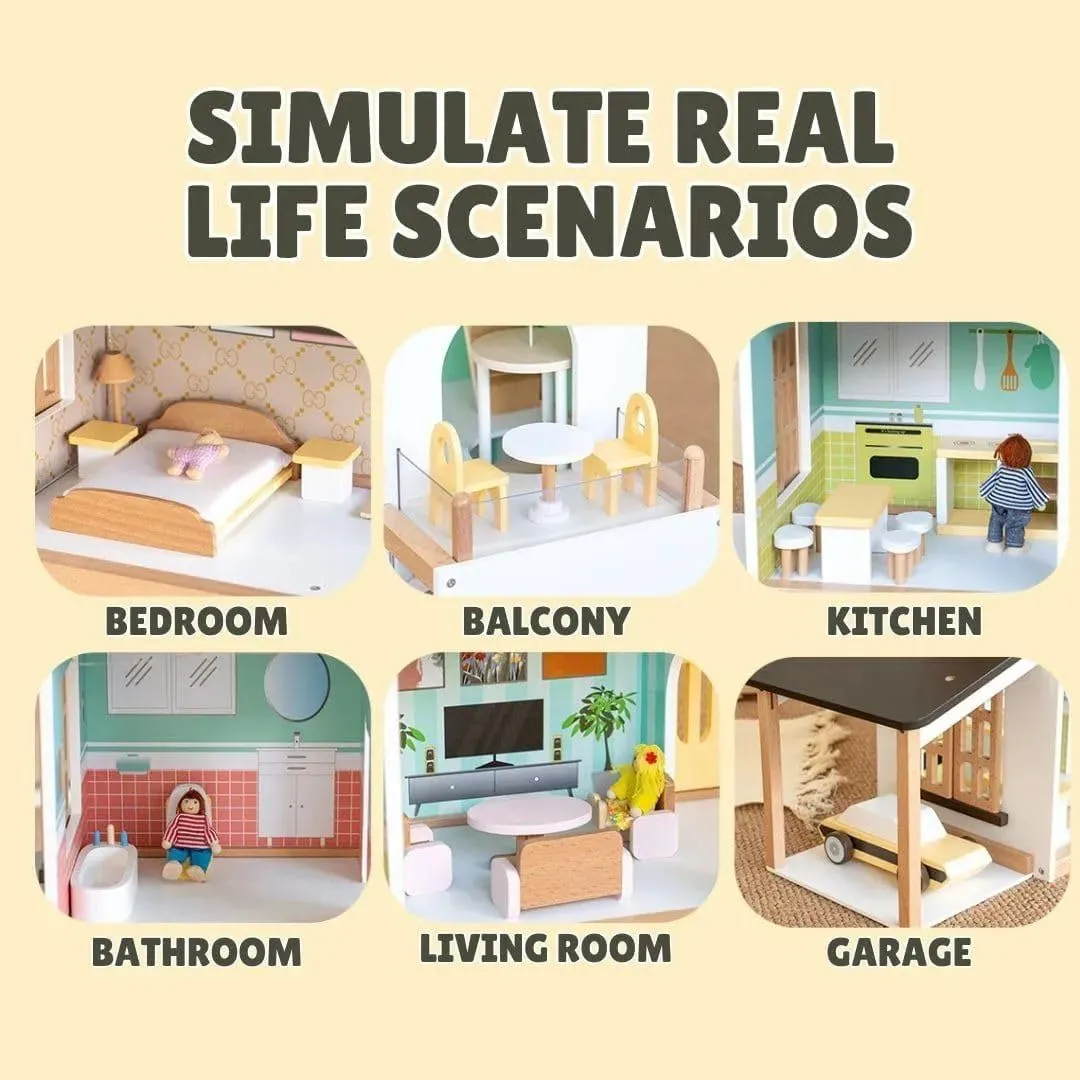 KIDSAVIA® - Big Stylish Wooden Dolls House(85 cm Tall) with Balcony & Car Garage - Dream House Cottage with Cute Pieces of Furniture Accessories 3 Storey Play Set Gift for Ages 3+ (85 * 85 * 30cm)