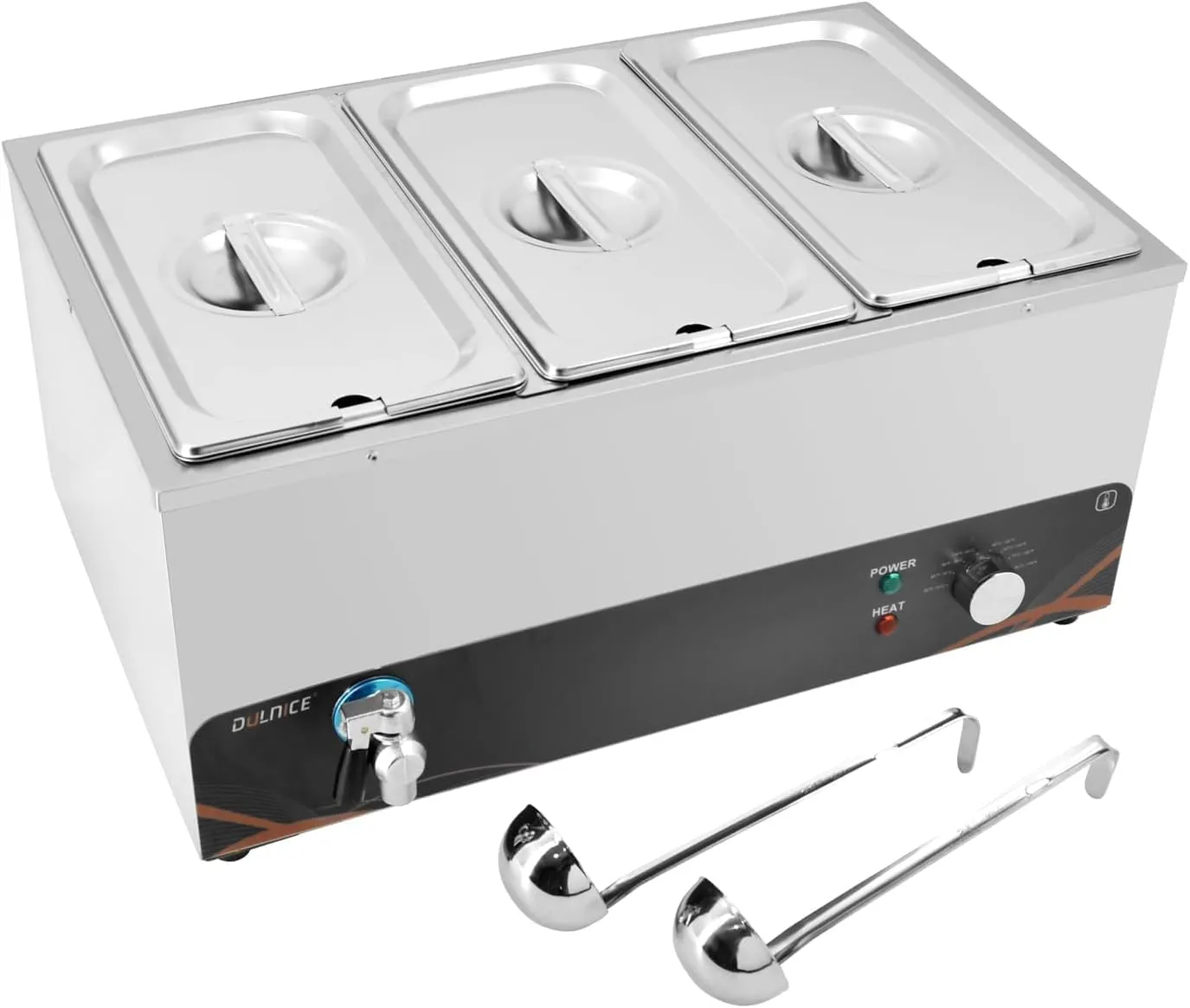 DULNICE Commercial Electric Bain Marie Food Warmer 1500W Anti-Dry Burning Device, Stainless Steel with Covers, Drain Tap Easy to Clean 1/3 Containers