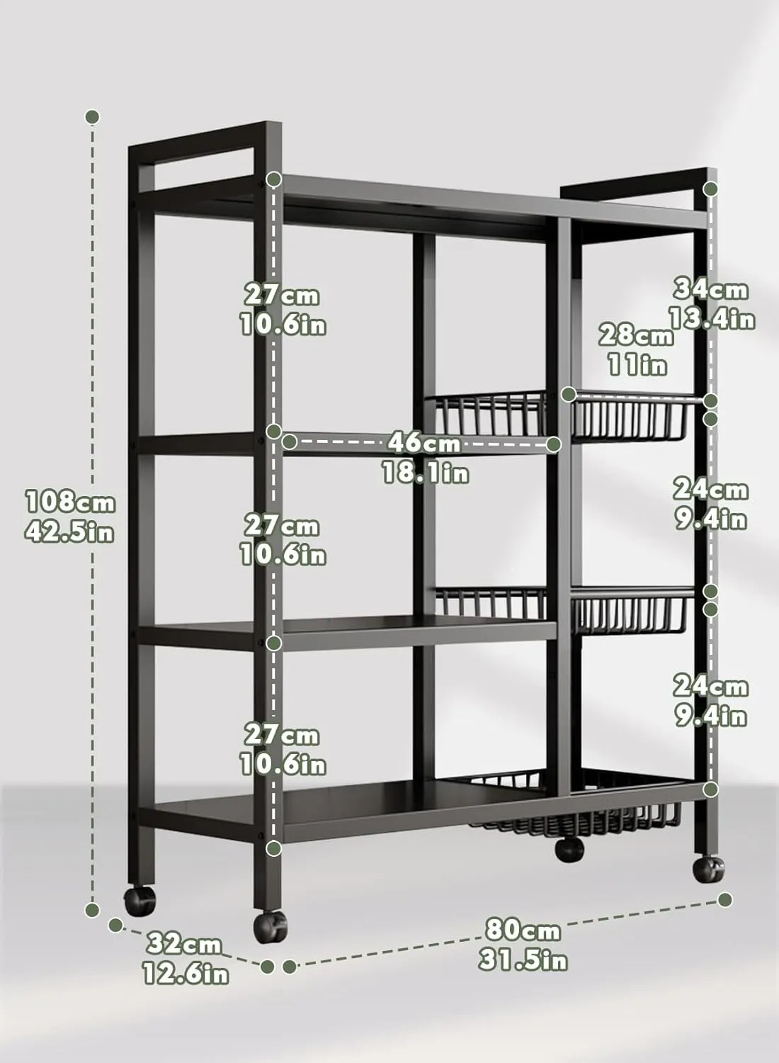 Homarket Kitchen Storage Shelf Microwave Oven Stand Rack Spice Organizer 4-Tier 4Basket(90x32x108cm) with Wheels Baker Storage Rack for Home Hotel Living Room Bathroom Office Fruit Vegetables