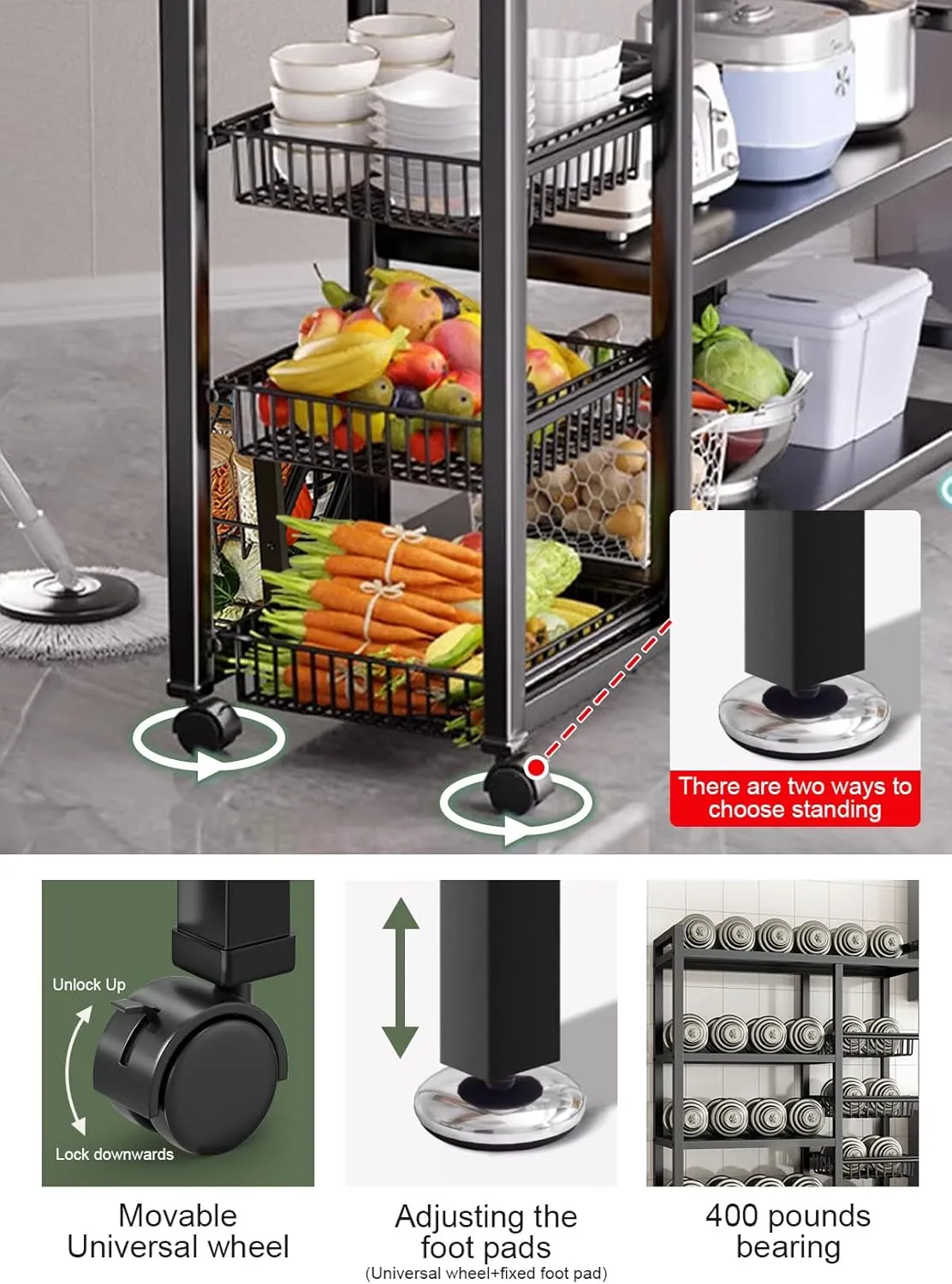 Homarket Kitchen Storage Shelf Microwave Oven Stand Rack Spice Organizer 4-Tier 4Basket(90x32x108cm) with Wheels Baker Storage Rack for Home Hotel Living Room Bathroom Office Fruit Vegetables