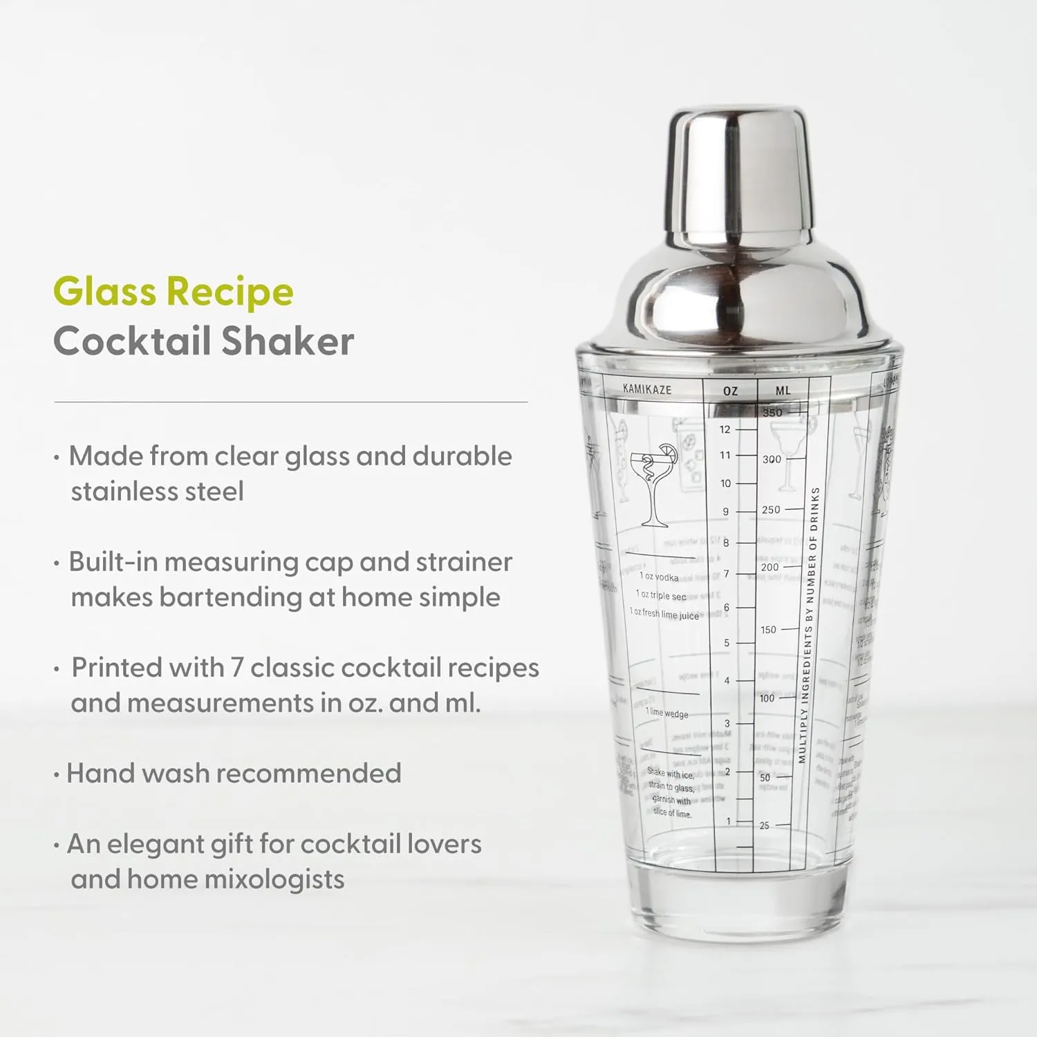 TERRIFI Glass Cocktail Shaker with Recipes, 400ml, 18/8 Stainless Steel Martini Shaker with Strainer, Leak-Proof Lid, Premium Drink Mixer for Beverage Home Bar