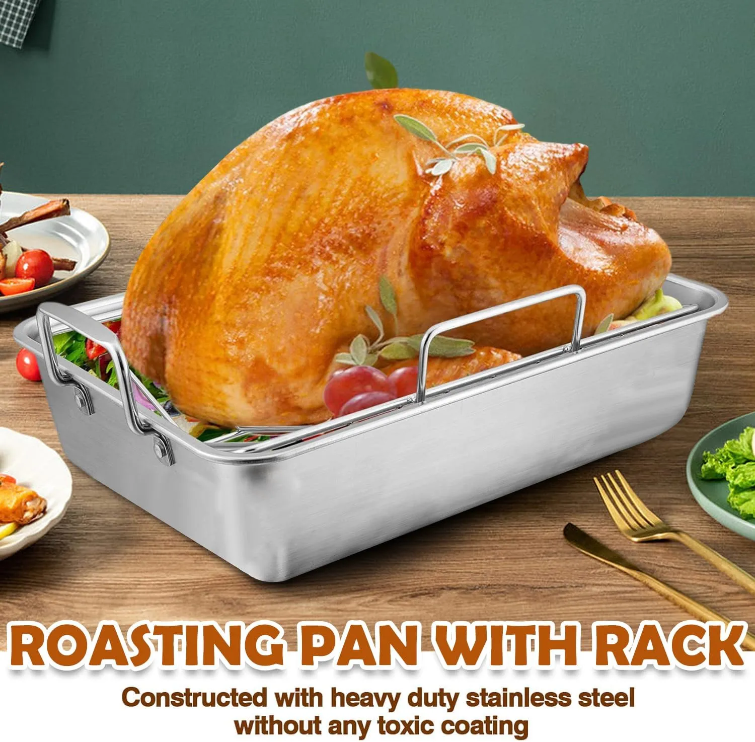 Angju 15-inch Roasting Pan with Rack, Stainless Steel Turkey Roaster Baking Pan & V-Shaped Rack for Chicken Meat Vegetable, Rectangular Lasgana Pan with Riveted Handle, Heavy Duty & Dishwasher Safe