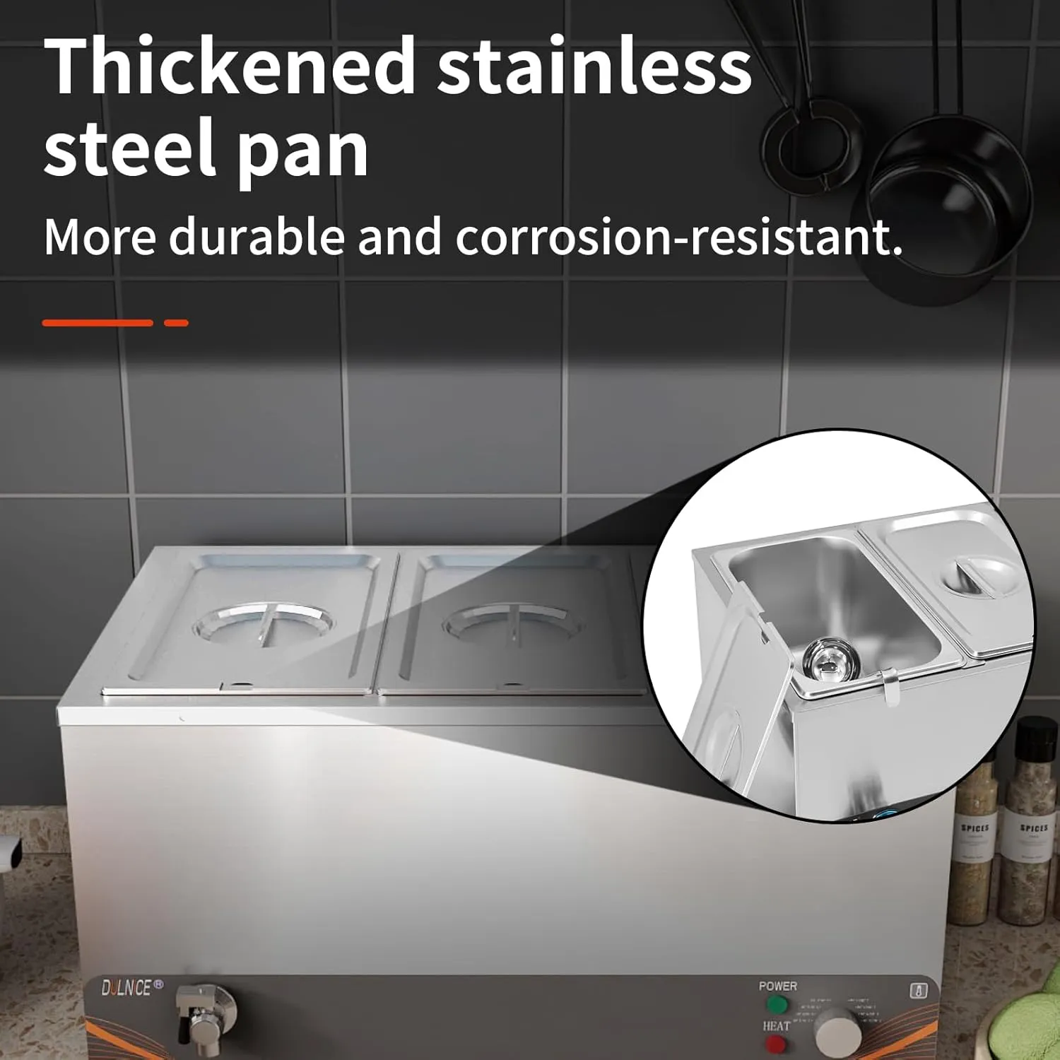 DULNICE Commercial Electric Bain Marie Food Warmer 1500W Anti-Dry Burning Device, Stainless Steel with Covers, Drain Tap Easy to Clean 1/3 Containers