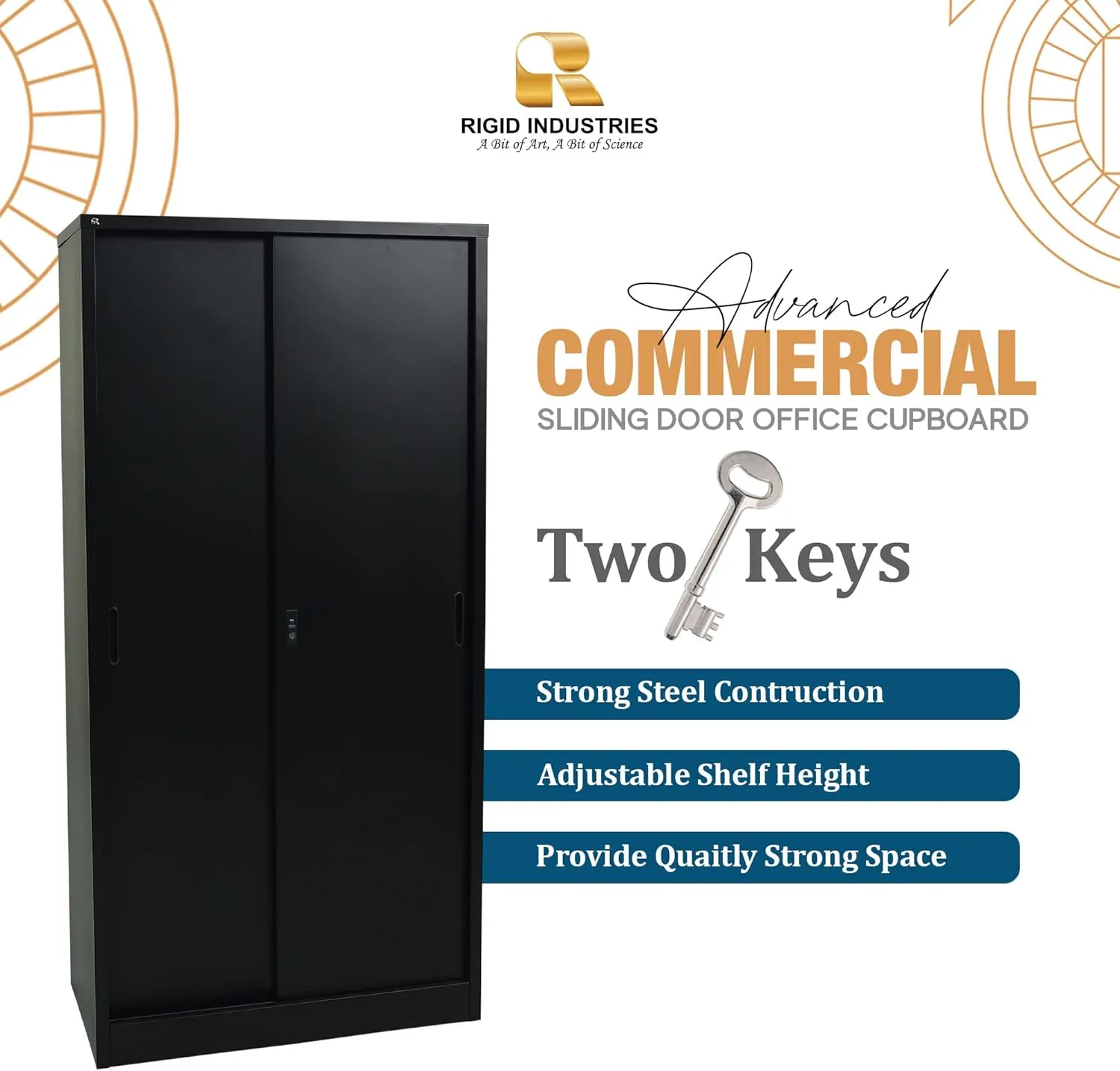 RIGID Steel Cupboard Sliding Door, Steel Filing Cupboard, Cabinet with Shelves Storage (Black)