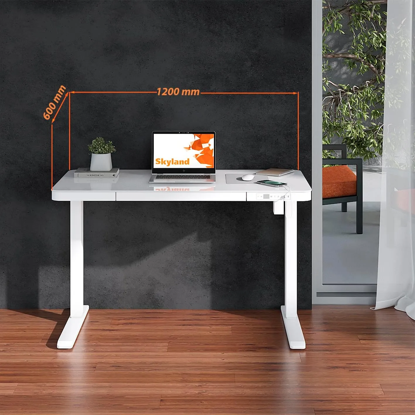 SkyLand Electric Height Adjustable Desk - Sit-Stand Workstation with Drawer, Wireless Charging, Tempered Glass, Memory Control, Child Lock, Dual USB and Type-C Ports - White Home Office Desk