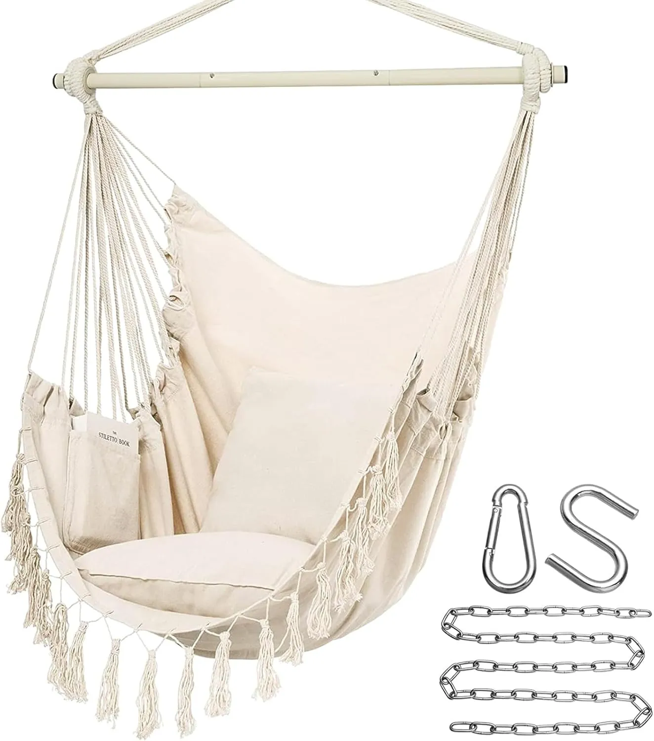 Hammock Chair Hanging Rope Swing, Hanging Hammock Chair with Pocket for Bedroom, Outdoor, Patio, Bedroom, Porch, Beige, Max 170Kg