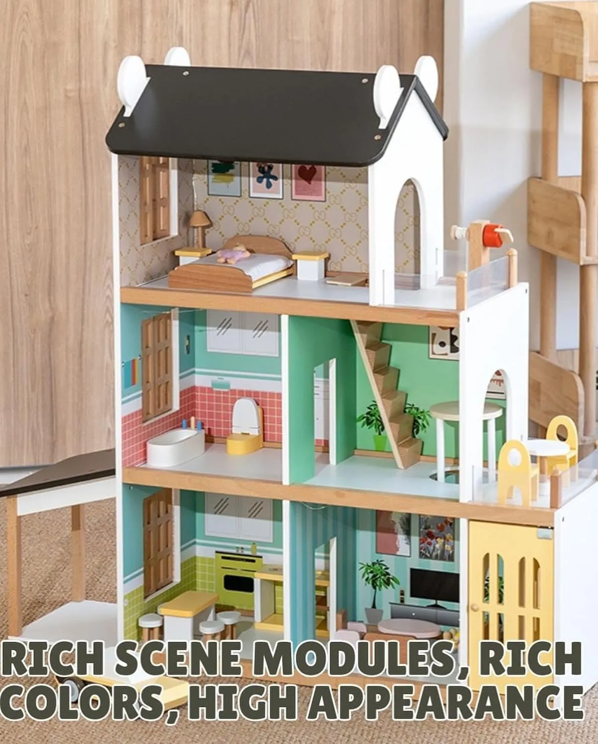 KIDSAVIA® - Big Stylish Wooden Dolls House(85 cm Tall) with Balcony & Car Garage - Dream House Cottage with Cute Pieces of Furniture Accessories 3 Storey Play Set Gift for Ages 3+ (85 * 85 * 30cm)