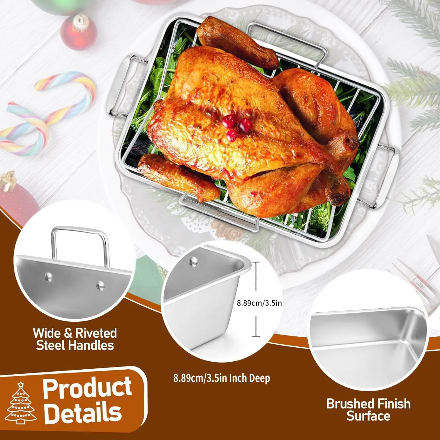 Angju 15-inch Roasting Pan with Rack, Stainless Steel Turkey Roaster Baking Pan & V-Shaped Rack for Chicken Meat Vegetable, Rectangular Lasgana Pan with Riveted Handle, Heavy Duty & Dishwasher Safe