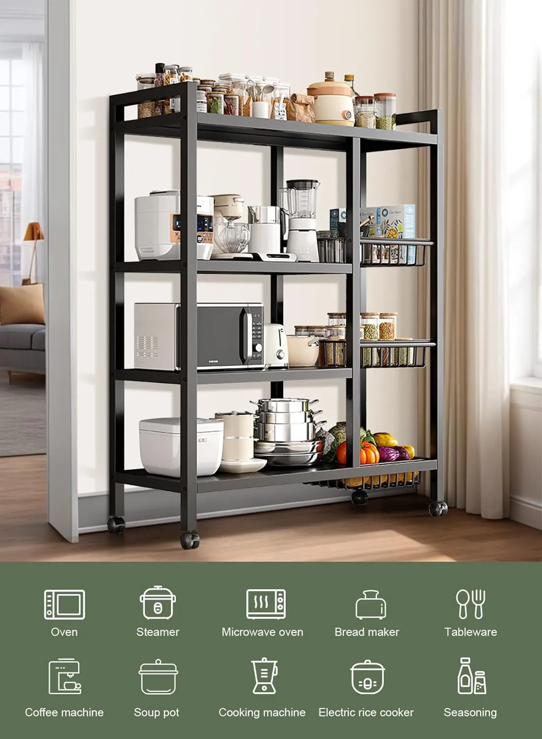 Homarket Kitchen Storage Shelf Microwave Oven Stand Rack Spice Organizer 4-Tier 4Basket(90x32x108cm) with Wheels Baker Storage Rack for Home Hotel Living Room Bathroom Office Fruit Vegetables