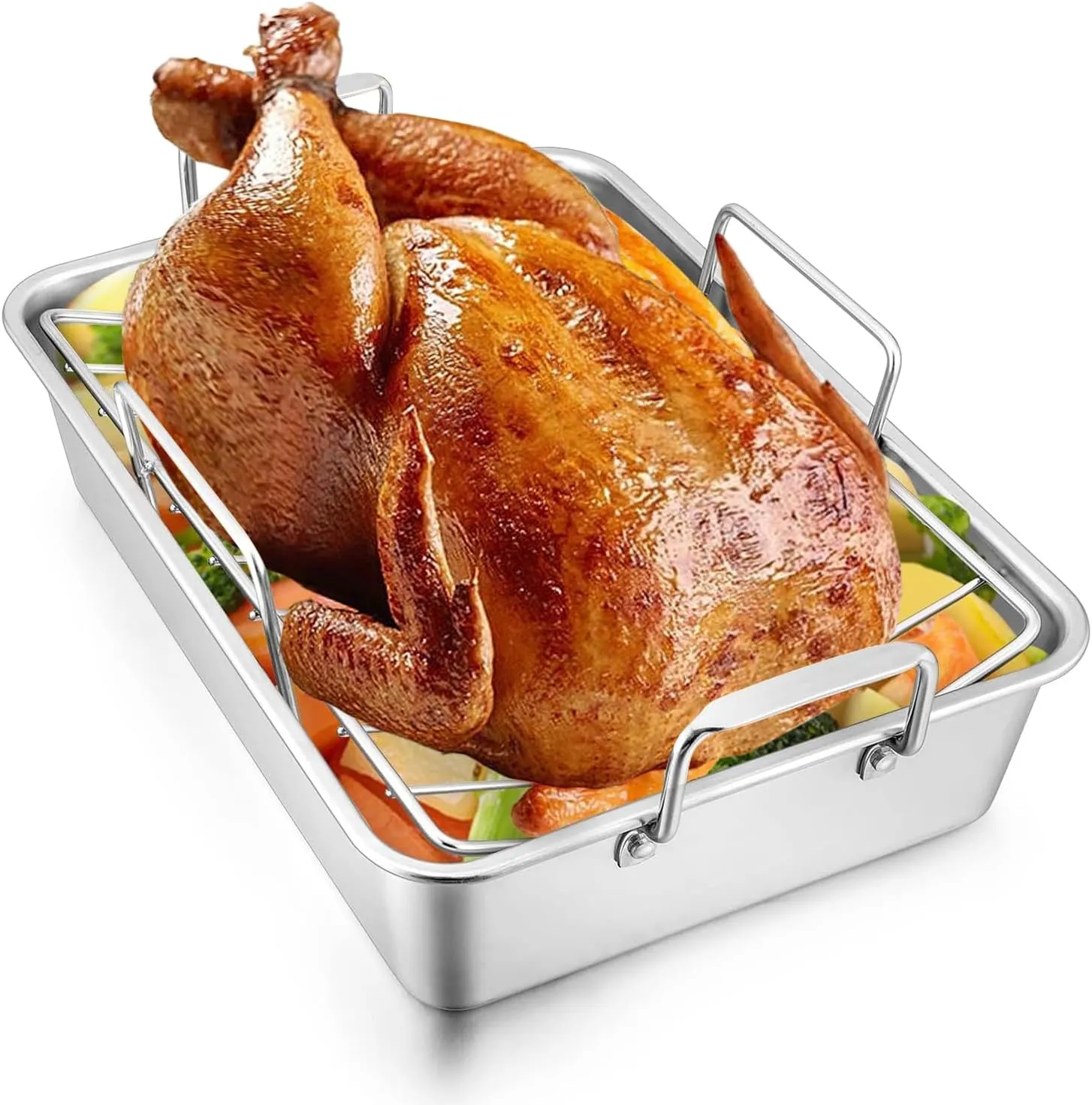 Angju 15-inch Roasting Pan with Rack, Stainless Steel Turkey Roaster Baking Pan & V-Shaped Rack for Chicken Meat Vegetable, Rectangular Lasgana Pan with Riveted Handle, Heavy Duty & Dishwasher Safe