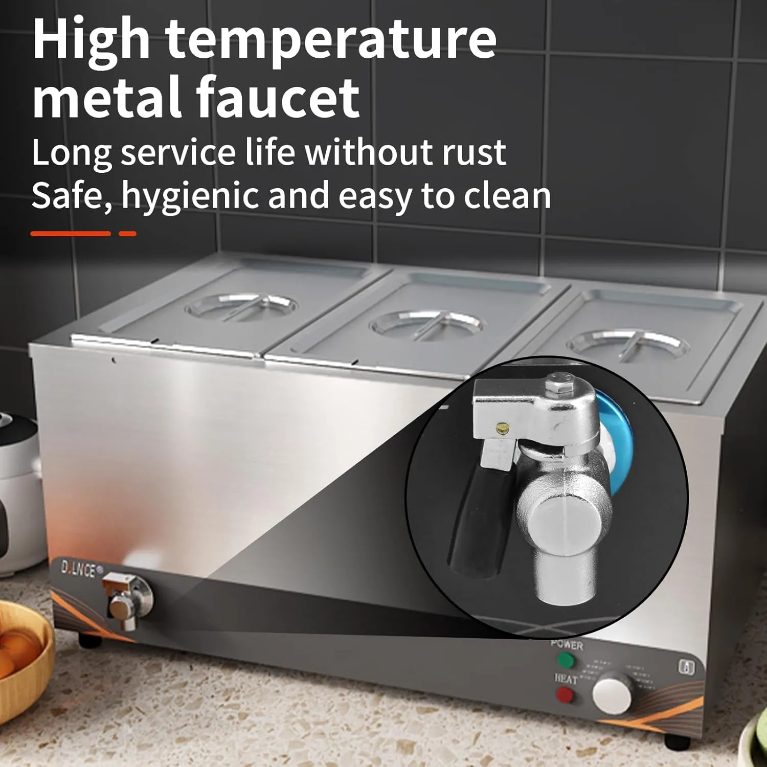 DULNICE Commercial Electric Bain Marie Food Warmer 1500W Anti-Dry Burning Device, Stainless Steel with Covers, Drain Tap Easy to Clean 1/3 Containers