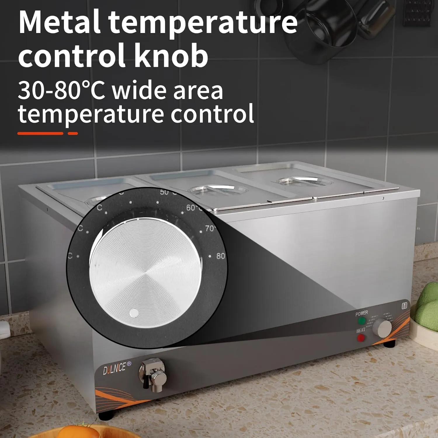 DULNICE Commercial Electric Bain Marie Food Warmer 1500W Anti-Dry Burning Device, Stainless Steel with Covers, Drain Tap Easy to Clean 1/3 Containers