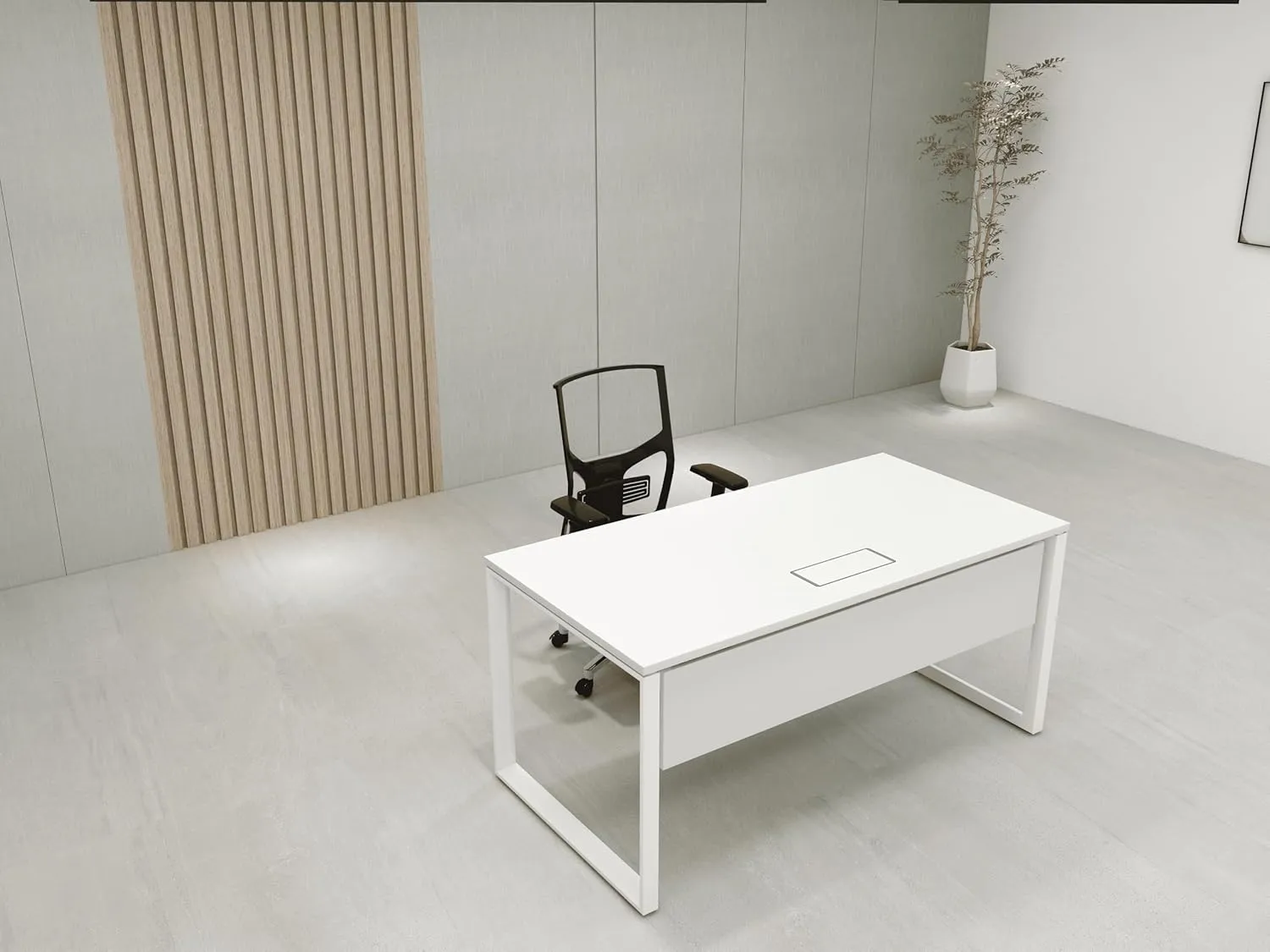 Kaliber Opera Straight Desk with 25mm Melamine Worktop, White Powder Coated Metal O-Type Sharing Legs, Modesty Panel, Grommets, Wire Box, Perfect for Home Office, Dimensions L1600xW700xH750mm