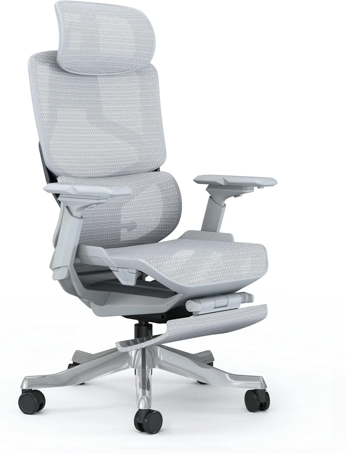 Skyland Executive Computer Office Chair - Advanced Ergonomics, High-Back, Breathable Mesh - Adjustable Lumbar Support, Footrest, Headrest, Seat Depth, Foldable Armrests - Aluminum Swivel Base (Grey)