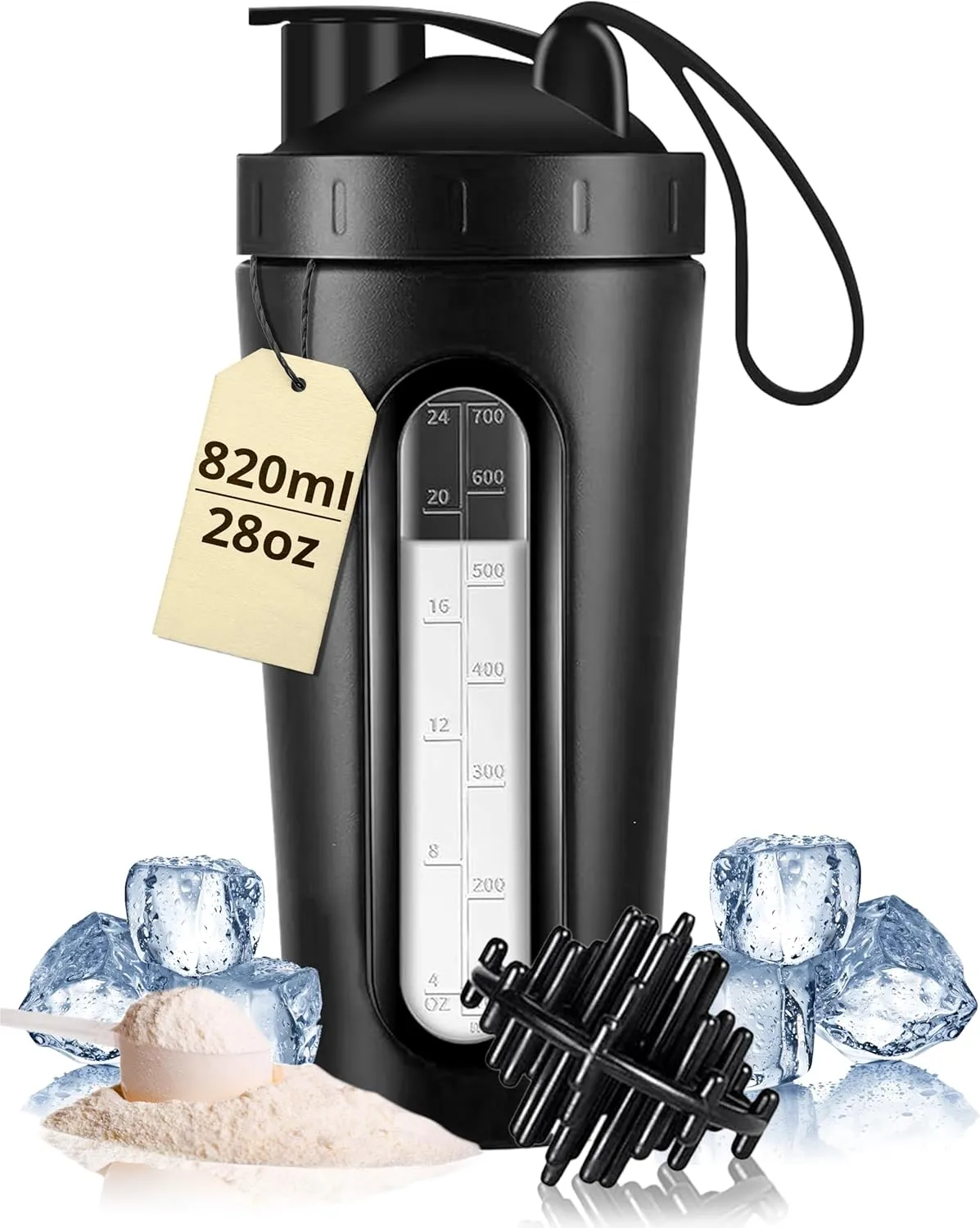 RIGID FITNESS Stainless Steel Protein Shaker 820ml - Leak-Proof, BPA-Free Mixer Bottle with Visible Measurement Window – for Protein Shakes & BCAA, 28oz Bottle for Gym Shakes & Hydration (Sleek Black)