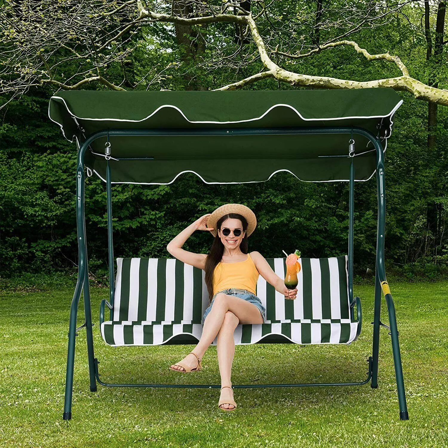 Blue River Swing Chair Garden Swing Seat with Adjustable Canopy, Hanging Hammock Chair for Indoor Outdoor Garden Green(10367) (3seater)