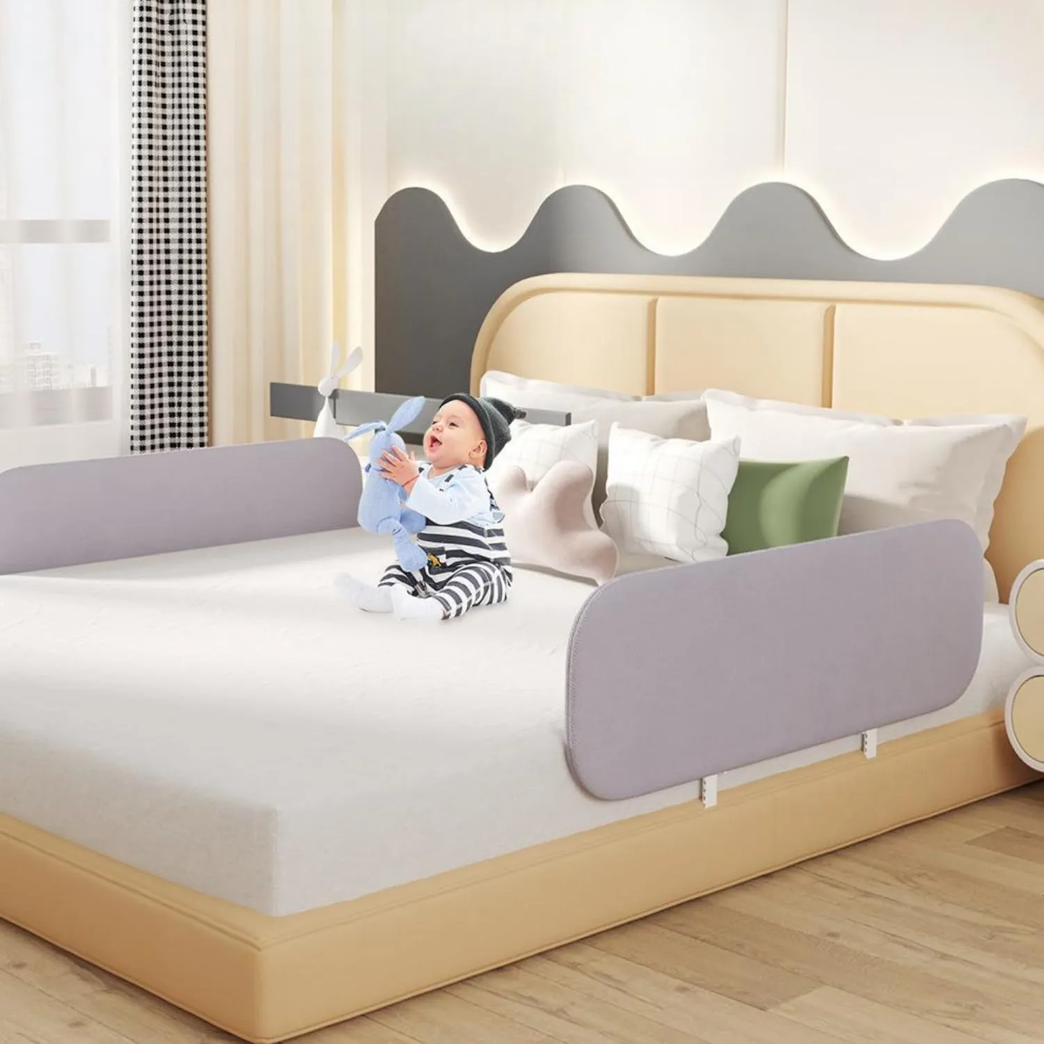 SKY-TOUCH Foldable Crib Rail Guard for Kids 120 * 40CM, Adjustable Universal Toddler Bed Rails, Baby Falling Protector Fence, Crib Bed Guard for Twin, Full Size, Queen &King Beds, Grey 1Pack