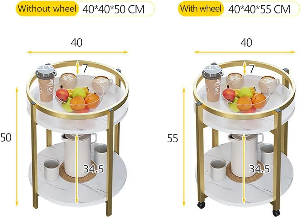 Modern End Table, Black Marble Pattern Round Side Table with Metal Frame and Wheels, Small Coffee Table for Living Room Bedroom Office (TH1515-Black)