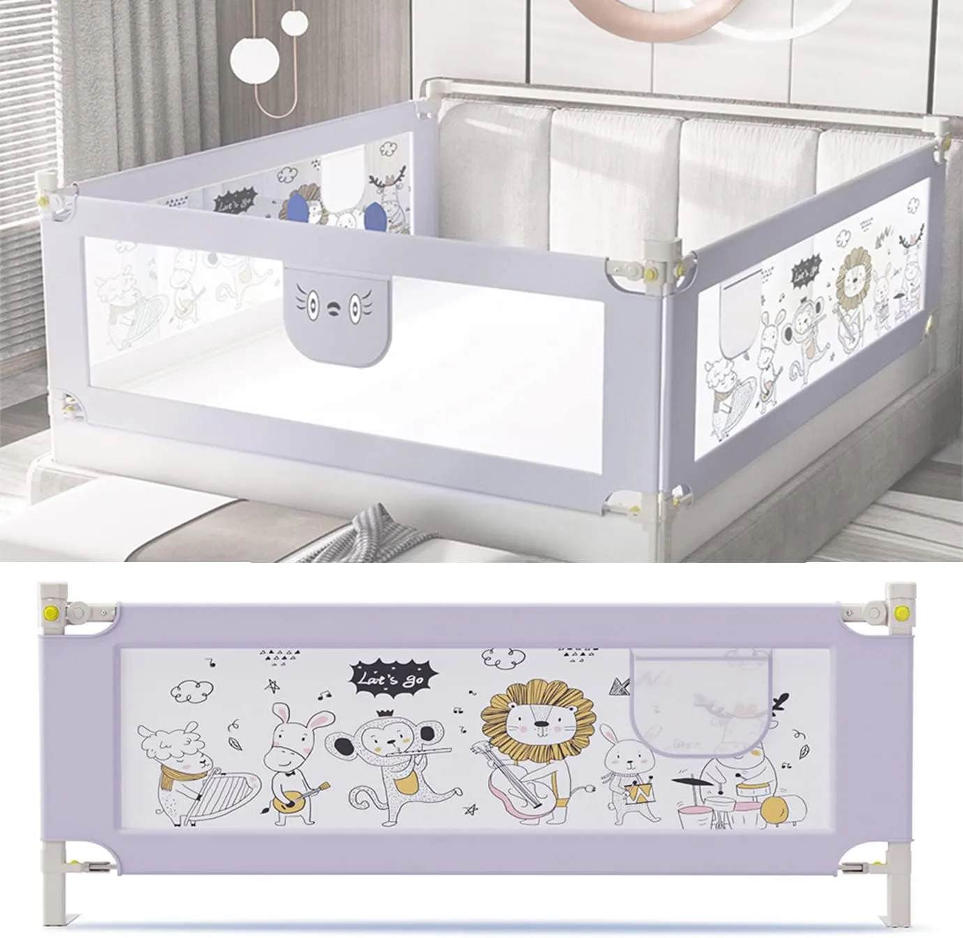 Solerconm Baby Guard Bed Rails for Toddlers-Multi Gear Adjustable Height Seamless Press Bed Guardrail for Kids Great Fit for Twin, Double, Full-Size Queen & King Mattress (180cm, animal park)