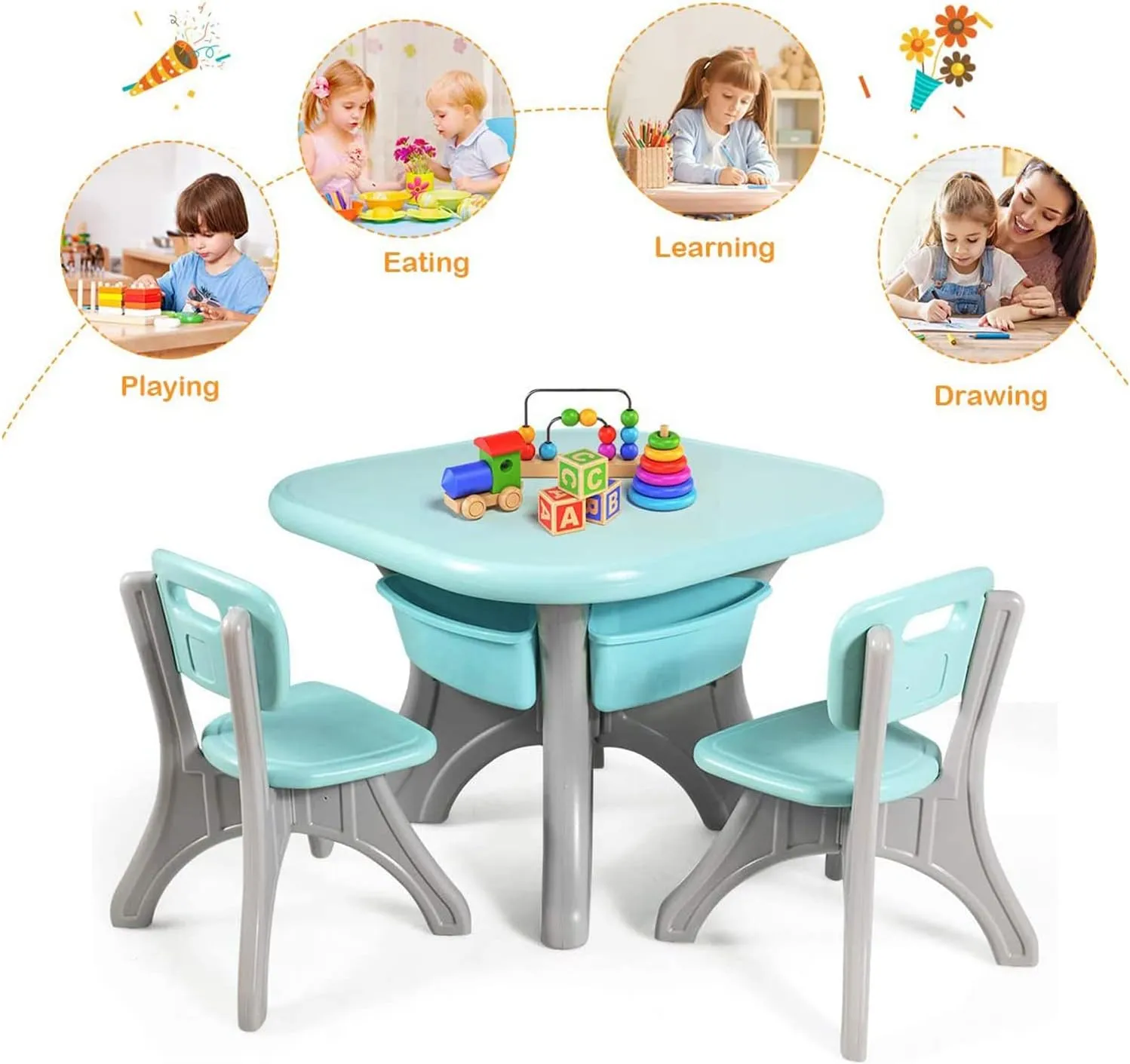 UUHOME Kids Table and Chair Set, 3 Piece Activity Table and 2 Chair Set Storage Bins, Children Art Crafts Table Desk Set, Playroom Plastic Furniture, Toddler Table & Chair Set