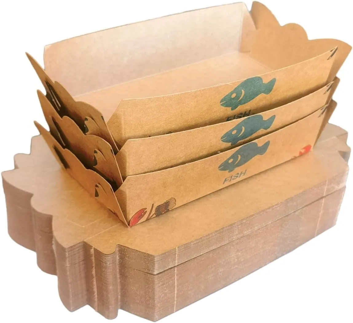 KASTWAVE 100 PCS Kraft Paper Food Trays, Paper Food Serving Tray, Brown Biodegradable Boats Disposable Serving Boat Basket Holders Snack Trays for Fries Hot Dogs Popcorn Lunch