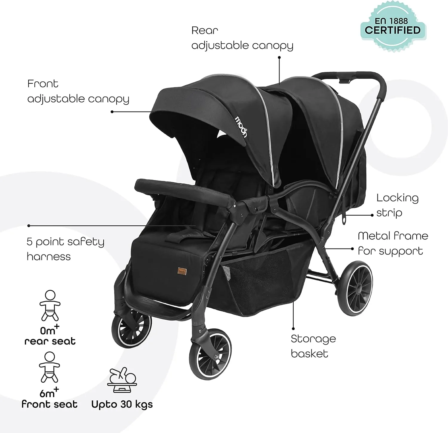 MOON Dois - Easy Foldable Twin Stroller, Pram with Adjustable Leg Rest, Blue, 0m+