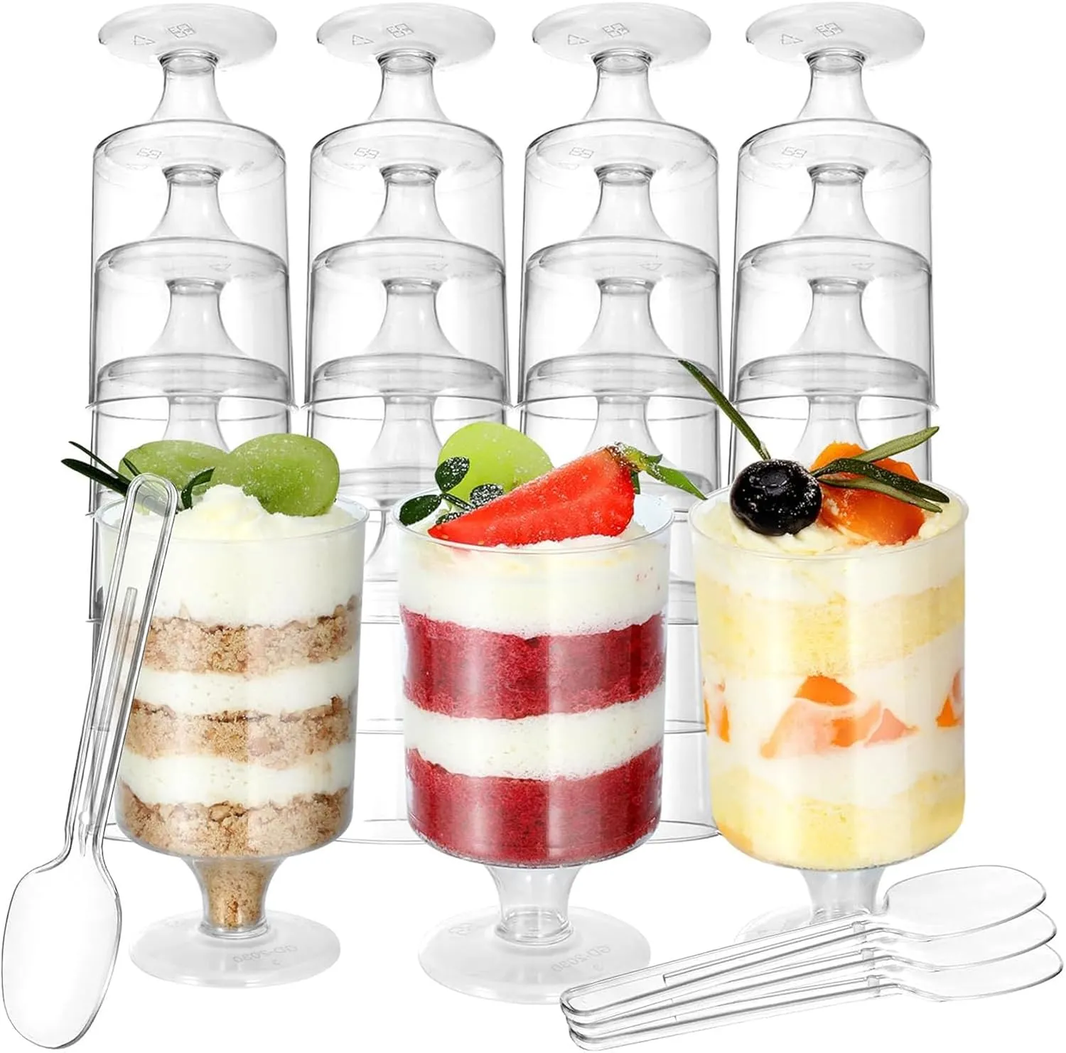 Joyzzz Square Plastic Dessert Cups, 30Pack 100ml Clear Plastic Parfait Appetizer Cup with Plastic Spoons, Reusable Small Clear Plastic Tumbler Cups Great for Tasting Party, Wedding, Birthday