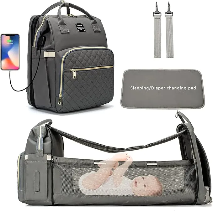 LIMOS Diaper Bag Backpack with Travel Bassinet,Detachable Foldable Baby Bed for Bady Toddler, 3 in 1 Nappy Bag Changing Station, Travel Baby Bag with Crib,Shade Cloth,Mattress