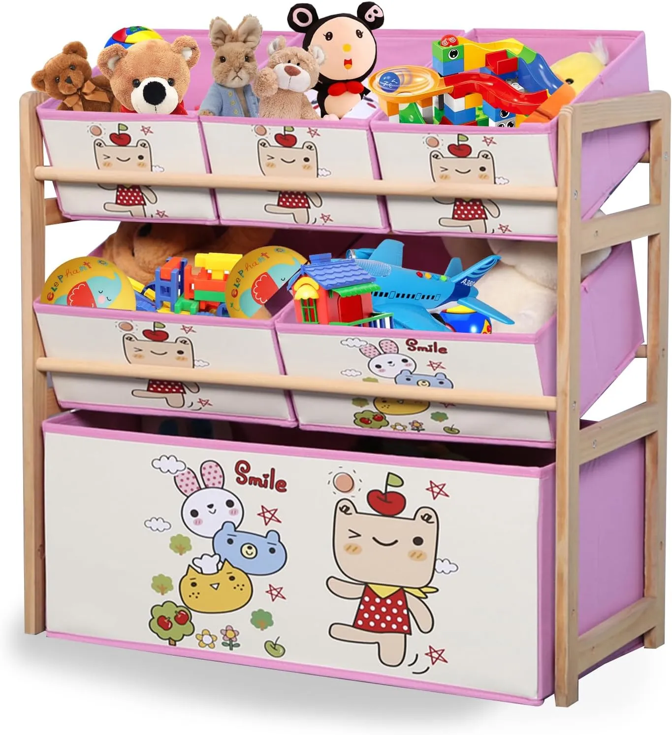 Beauenty Toy Storage Organizer for Kids, Kindergarten Baby Toy Storage Rack with 6 Storage Bins, Solid Wood Fabric Cartoon 3 Tier Multifunction Storage Toy Box for Nursery, Playroom(Pink)