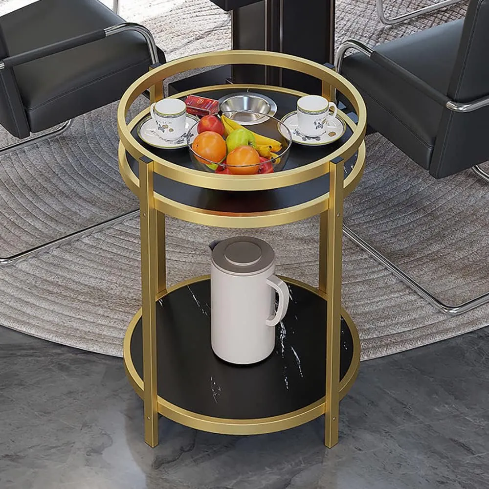 Modern End Table, Black Marble Pattern Round Side Table with Metal Frame and Wheels, Small Coffee Table for Living Room Bedroom Office (TH1515-Black)