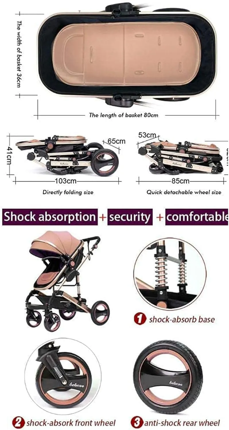 GT-WHEEL Baby Stroller with Bassinet Mode, Folding Infant Newborn Pram Stroller with Reversible Seat, Toddler Strollers for 0-36 Months Old Babies (Pink)