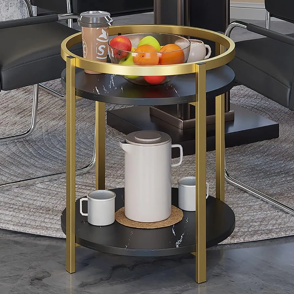 Modern End Table, Black Marble Pattern Round Side Table with Metal Frame and Wheels, Small Coffee Table for Living Room Bedroom Office (TH1515-Black)