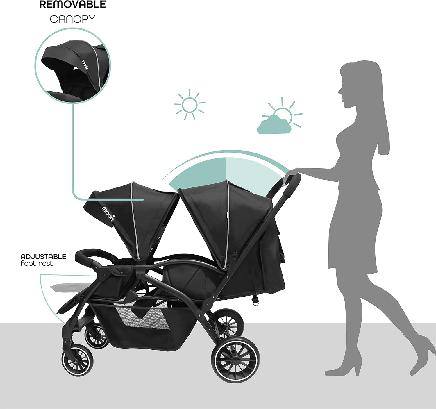 MOON Dois - Easy Foldable Twin Stroller, Pram with Adjustable Leg Rest, Blue, 0m+