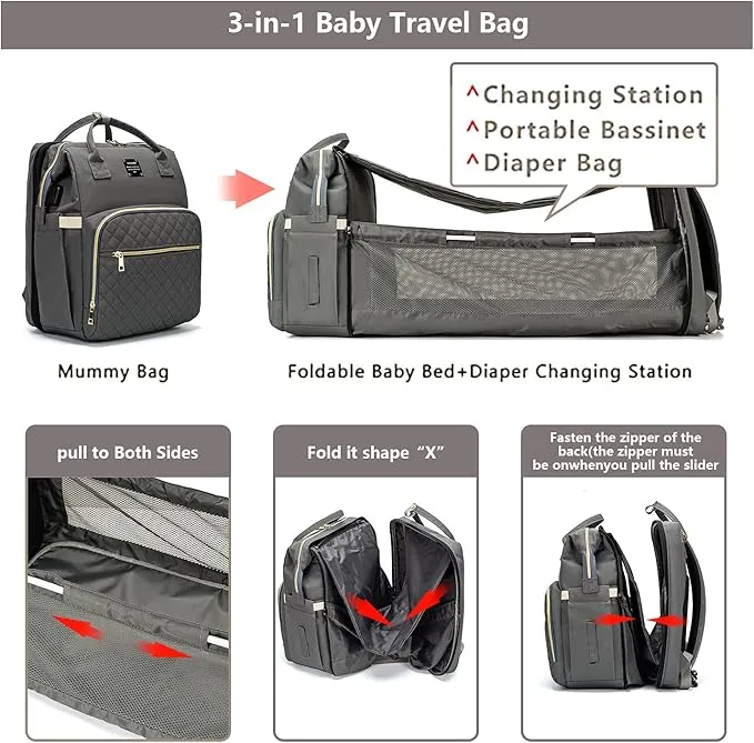 LIMOS Diaper Bag Backpack with Travel Bassinet,Detachable Foldable Baby Bed for Bady Toddler, 3 in 1 Nappy Bag Changing Station, Travel Baby Bag with Crib,Shade Cloth,Mattress