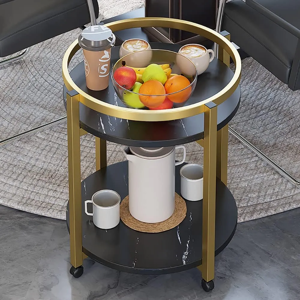 Modern End Table, Black Marble Pattern Round Side Table with Metal Frame and Wheels, Small Coffee Table for Living Room Bedroom Office (TH1515-Black)