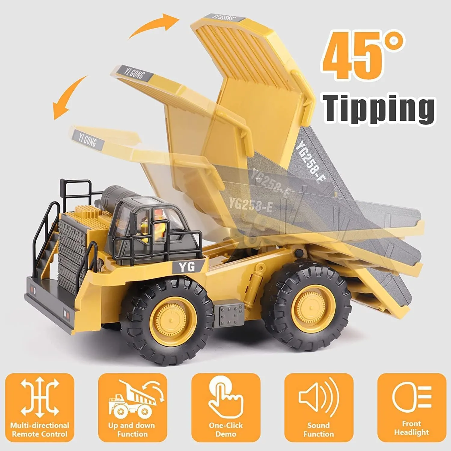 Bolivia's Remote Control Dump Truck, 2.4Ghz 9 Channel RC Remote Control Construction Toys Vehicle with Metal Bed and Light Music, Dump Truck Toy for Kids Age 6 to 12 Year Birthday Gift